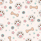 dog paws, paw prints, dog bones, pink background, pastel colors, brown paw pads, beige bones, cute pattern, kawaii style, pet theme,, fabric panel, playful design, animal motifs, soft pink, light blue accents, whimsical, scattered pattern, pet lover, crafting fabric