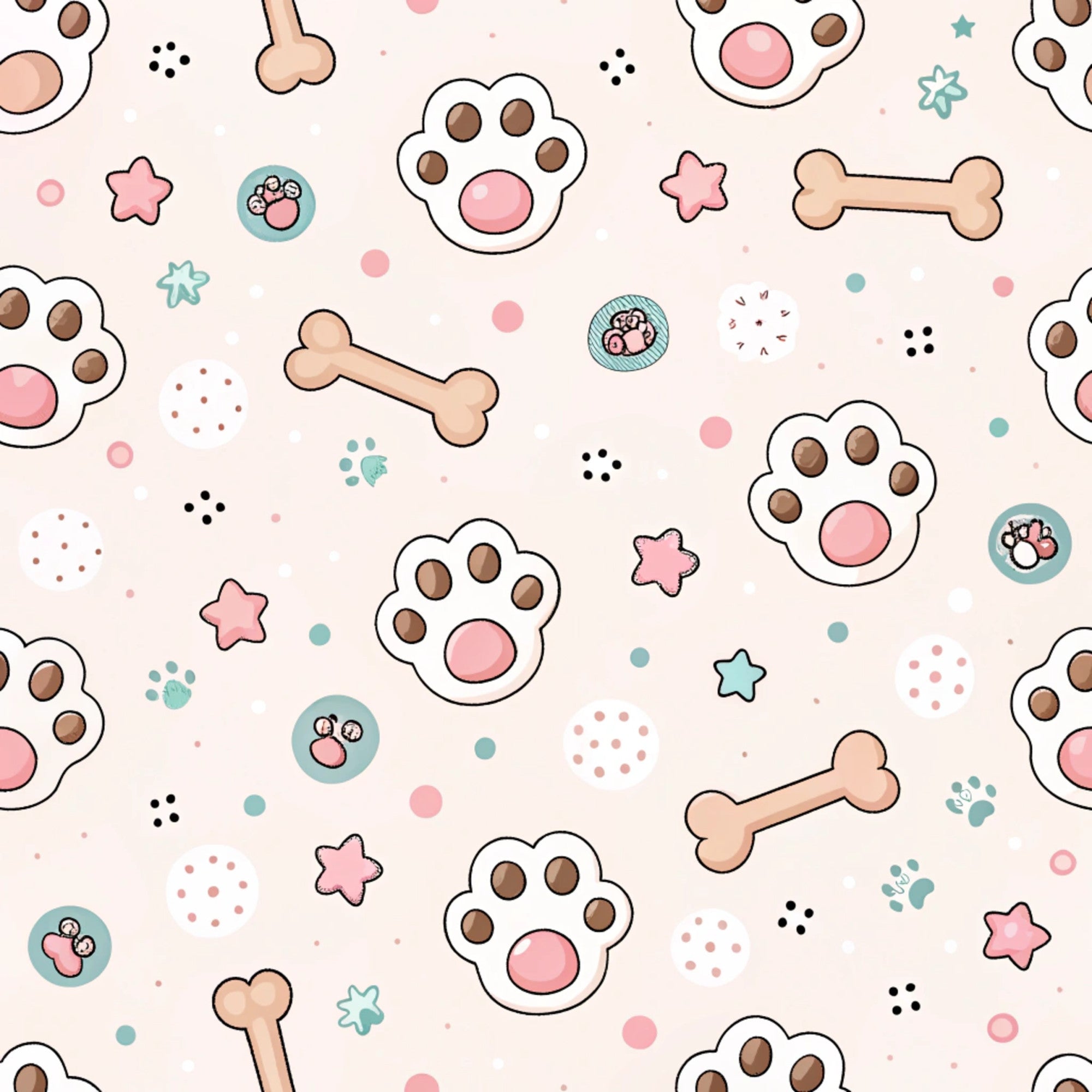 dog paws, paw prints, dog bones, pink background, pastel colors, brown paw pads, beige bones, cute pattern, kawaii style, pet theme,, fabric panel, playful design, animal motifs, soft pink, light blue accents, whimsical, scattered pattern, pet lover, crafting fabric