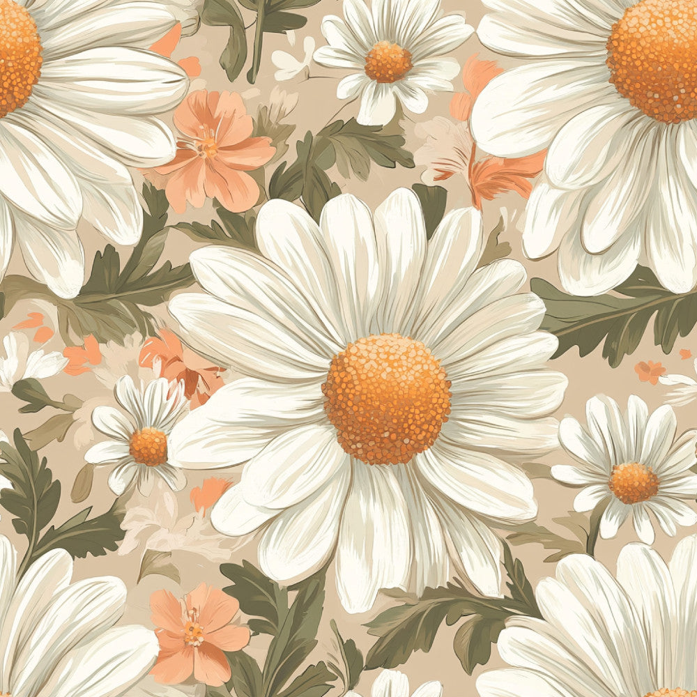 cream floral, white daisy, orange yellow center, sage green leaves, cream petals, floral pattern, daisy print, botanical, nature themed, spring flowers, summer garden, coral accents, golden yellow centers, vintage floral, traditional style, elegant botanical, cheerful flowers, garden flowers, wildflower design, flower motif, peach accents, nursery decor, kids room, whimsical floral, soft botanical, nature lover, cottage core, farmhouse style, peaceful flowers, classic floral