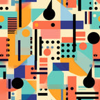 geometric, abstract, retro, mid-century modern, turquoise, coral, orange, navy blue, cream, black, circles, rectangles, dots, stripes, overlapping shapes, bauhaus inspired, modernist, vibrant colors,, fabric panel, boho pattern, hippie design, groovy style