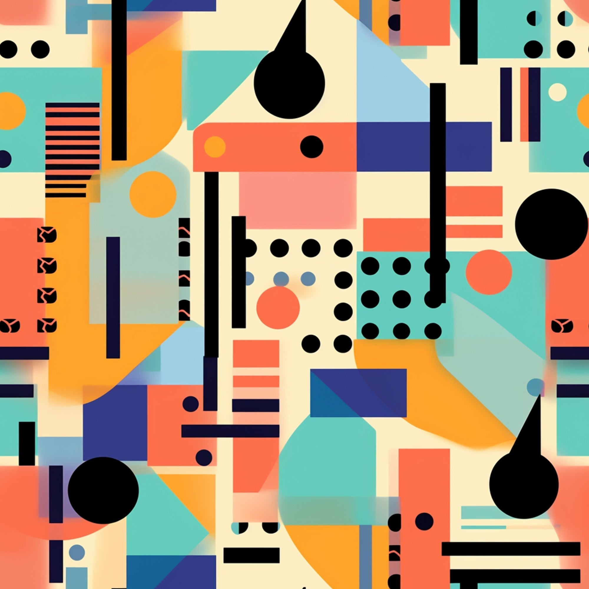 geometric, abstract, retro, mid-century modern, turquoise, coral, orange, navy blue, cream, black, circles, rectangles, dots, stripes, overlapping shapes, bauhaus inspired, modernist, vibrant colors,, fabric panel, boho pattern, hippie design, groovy style
