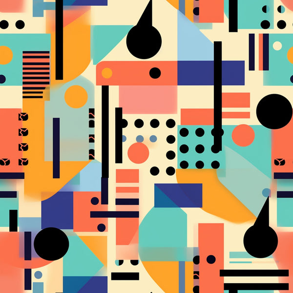 geometric, abstract, retro, mid-century modern, turquoise, coral, orange, navy blue, cream, black, circles, rectangles, dots, stripes, overlapping shapes, bauhaus inspired, modernist, vibrant colors,, fabric panel, boho pattern, hippie design, groovy style