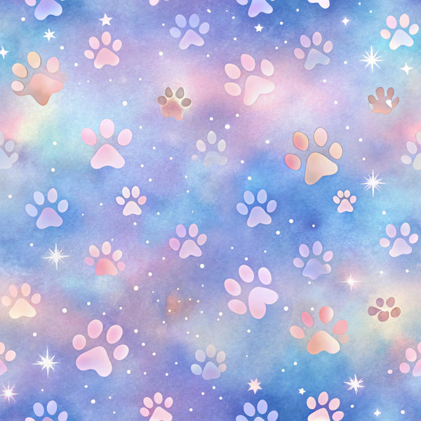 dog paws, paw prints, pastel colors, pink, purple, blue, gradient background, watercolor effect, starry sky, celestial theme,, fabric panel, dreamy atmosphere, soft tones, animal tracks, pet themed, cosmic backdrop, whimsical design, sparkles, galaxy pattern