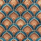 art deco, fan pattern, geometric design, teal blue, copper orange, peachy pink, cream accents, radiating lines, scalloped motifs, repeating pattern, vintage style, 1920s inspired, elegant motifs, shell shapes, sunburst design,, fabric panel, luxurious feel, sophisticated pattern
