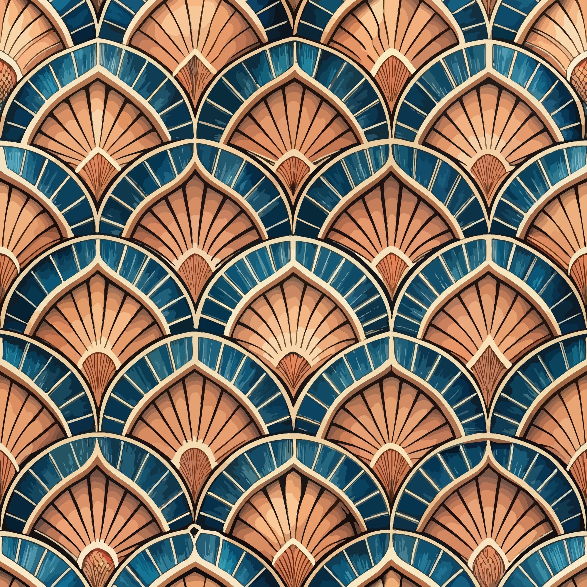 art deco, fan pattern, geometric design, teal blue, copper orange, peachy pink, cream accents, radiating lines, scalloped motifs, repeating pattern, vintage style, 1920s inspired, elegant motifs, shell shapes, sunburst design,, fabric panel, luxurious feel, sophisticated pattern
