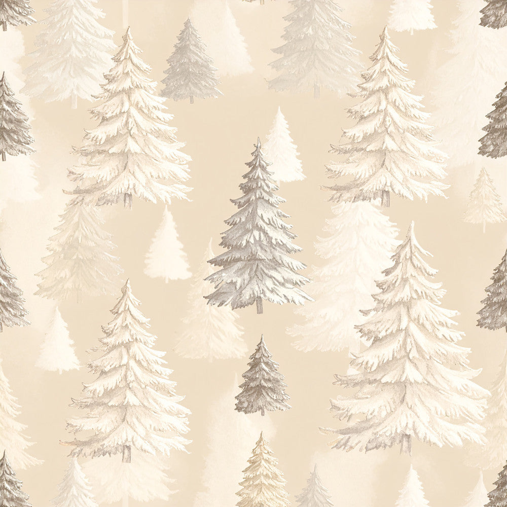 cream, beige, taupe, white, gray, evergreen, winter trees, snow-covered trees, forest, pine trees, coniferous trees, holiday, christmas, winter, nature, rustic, elegant, traditional, vintage, woodland, snowy landscape, neutral tones, soft palette, festive, cozy, nursery, kids room, baby, nature-inspired, scenic