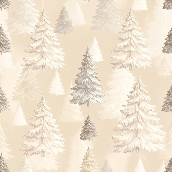 cream, beige, taupe, white, gray, evergreen, winter trees, snow-covered trees, forest, pine trees, coniferous trees, holiday, christmas, winter, nature, rustic, elegant, traditional, vintage, woodland, snowy landscape, neutral tones, soft palette, festive, cozy, nursery, kids room, baby, nature-inspired, scenic