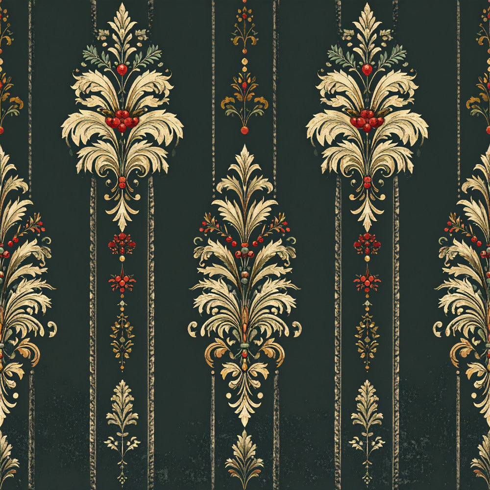forest green, gold, cream, red accents, damask, baroque, ornamental, striped, vintage, elegant, traditional, victorian, luxury, floral elements, scrollwork, acanthus leaves, jewel tones, classic, ornate, decorative, formal, sophisticated, antique, renaissance, upholstery inspired, home decor, botanical accents, symmetrical pattern