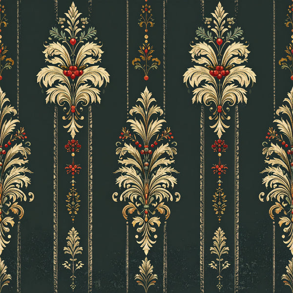 forest green, gold, cream, red accents, damask, baroque, ornamental, striped, vintage, elegant, traditional, victorian, luxury, floral elements, scrollwork, acanthus leaves, jewel tones, classic, ornate, decorative, formal, sophisticated, antique, renaissance, upholstery inspired, home decor, botanical accents, symmetrical pattern