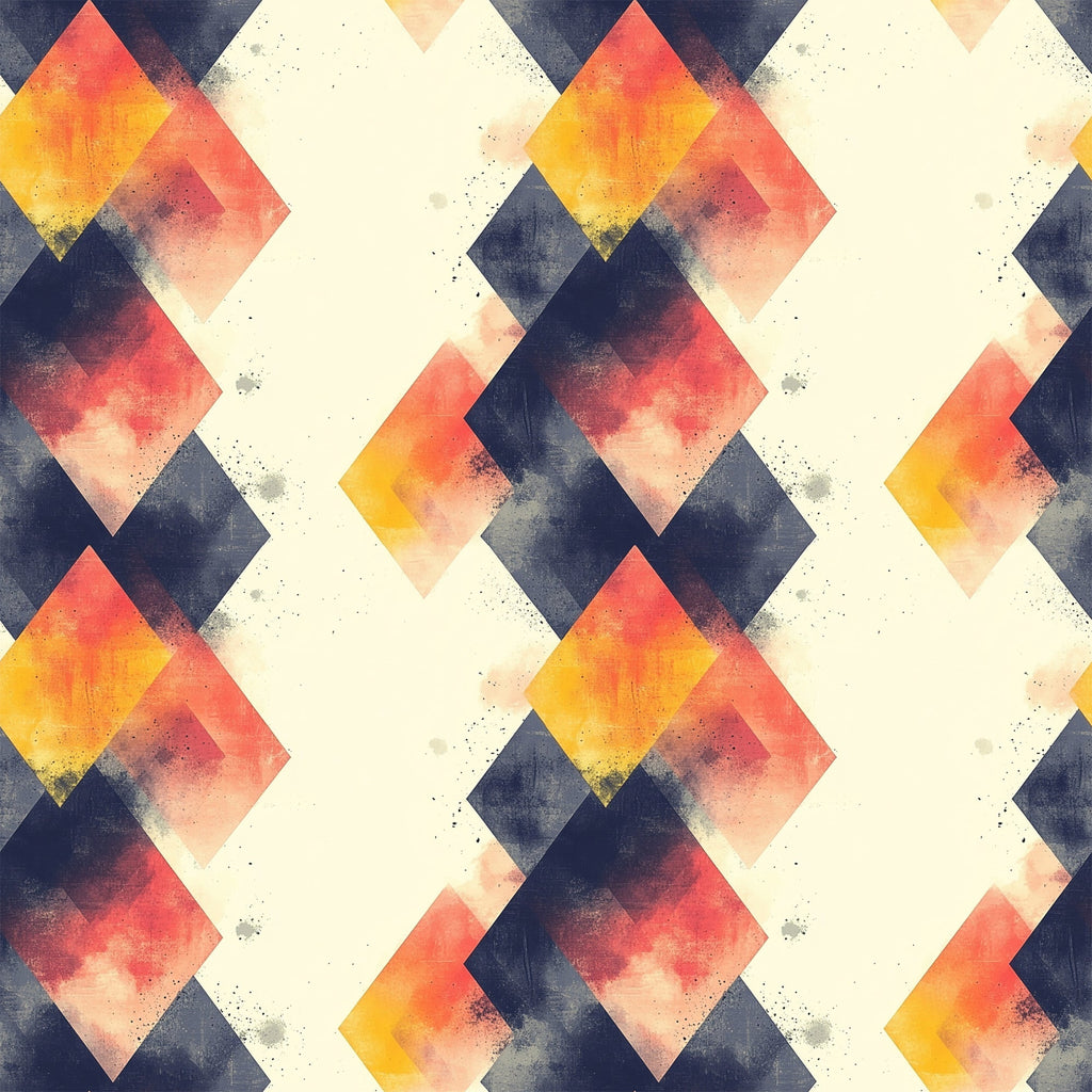 geometric pattern, mid century modern, diamond shapes, coral pink, navy blue, cream white, golden yellow, watercolor texture, retro design,, fabric panel, overlapping diamonds, vintage style, abstract geometric, warm colors, cool colors, repeating pattern, modernist design, textured appearance, angular shapes