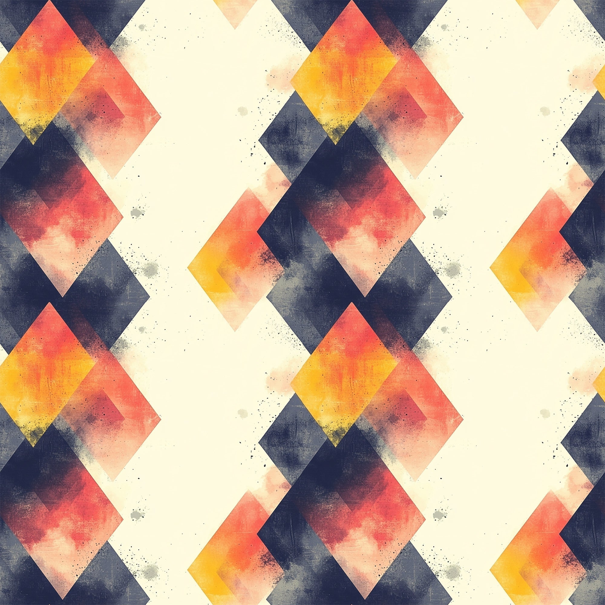 geometric pattern, mid century modern, diamond shapes, coral pink, navy blue, cream white, golden yellow, watercolor texture, retro design,, fabric panel, overlapping diamonds, vintage style, abstract geometric, warm colors, cool colors, repeating pattern, modernist design, textured appearance, angular shapes