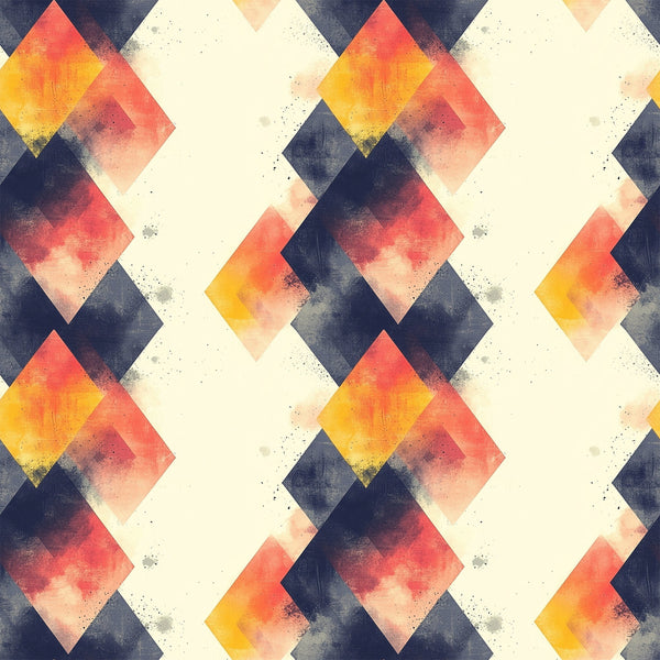 geometric pattern, mid century modern, diamond shapes, coral pink, navy blue, cream white, golden yellow, watercolor texture, retro design,, fabric panel, overlapping diamonds, vintage style, abstract geometric, warm colors, cool colors, repeating pattern, modernist design, textured appearance, angular shapes
