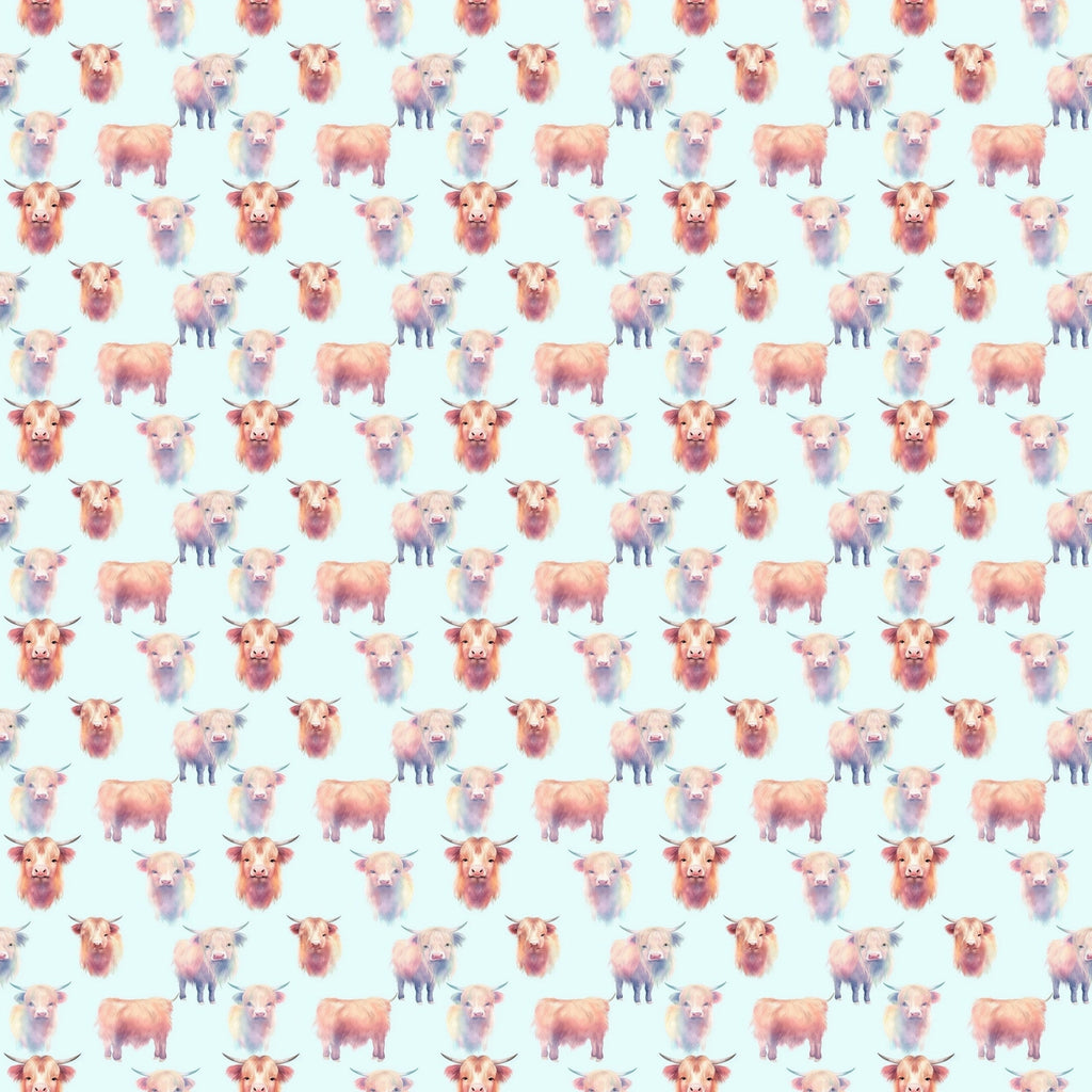 highland cows, peachy pink, soft orange, cream, pale blue background, watercolor style, repeating pattern, farm animals, cattle, horned cows, whimsical, pastoral,, fabric panel, cute animals, bovine, rustic charm, country theme, soft pastels, artistic illustration