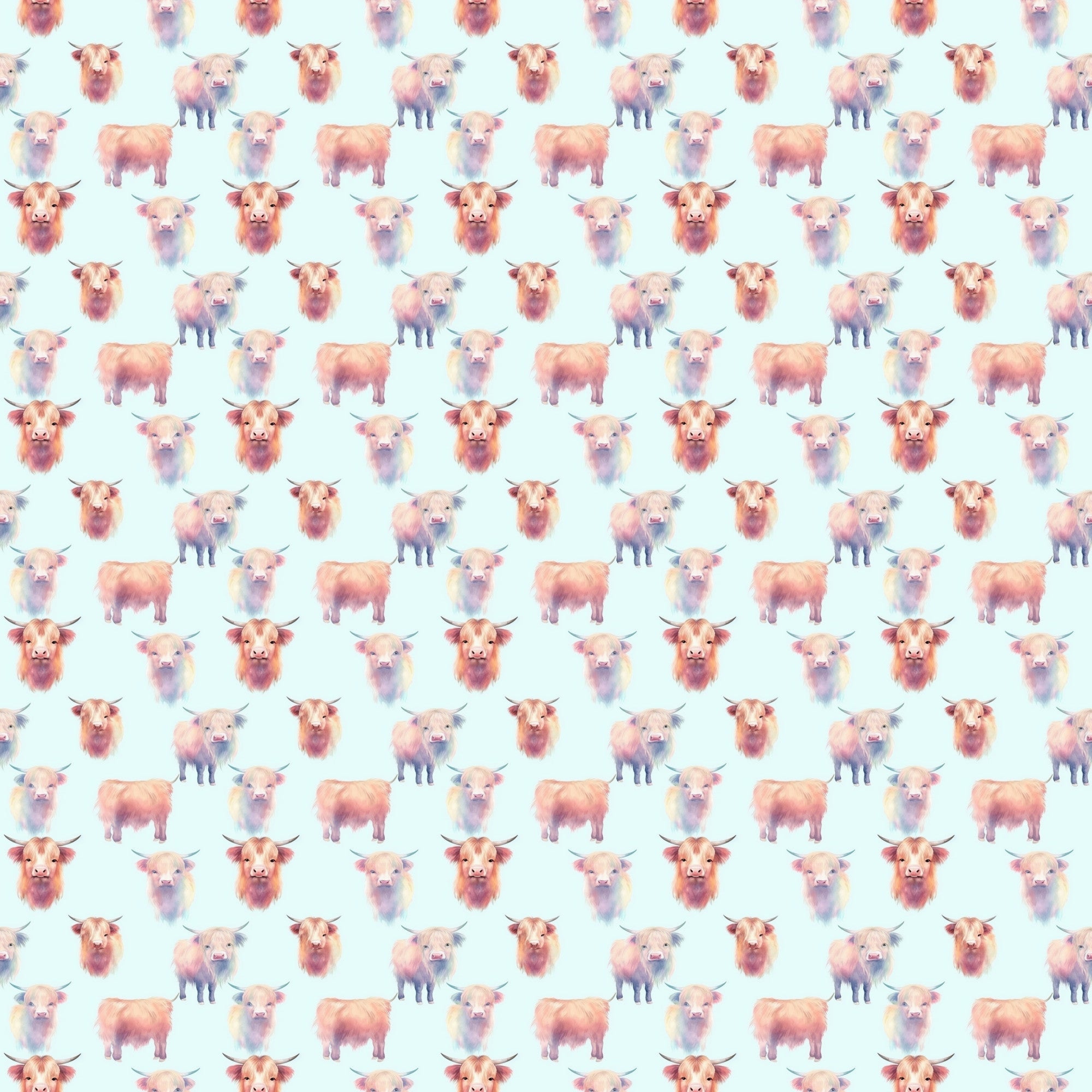 highland cows, peachy pink, soft orange, cream, pale blue background, watercolor style, repeating pattern, farm animals, cattle, horned cows, whimsical, pastoral,, fabric panel, cute animals, bovine, rustic charm, country theme, soft pastels, artistic illustration