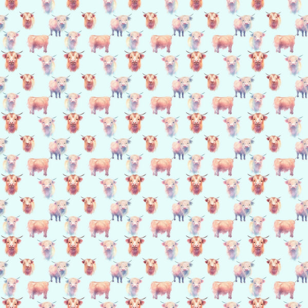highland cows, peachy pink, soft orange, cream, pale blue background, watercolor style, repeating pattern, farm animals, cattle, horned cows, whimsical, pastoral,, fabric panel, cute animals, bovine, rustic charm, country theme, soft pastels, artistic illustration