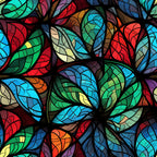 stained glass, christmas pattern,, fabric panel, multicolored leaves, red, green, blue, orange, purple, yellow, turquoise, botanical design, leaf motifs, mosaic style, vibrant colors, holiday fabric, decorative pattern, colorful foliage, artistic design