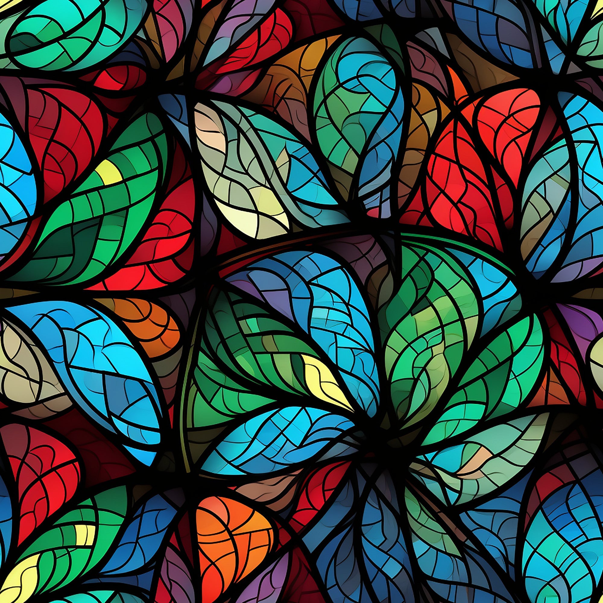 stained glass, christmas pattern,, fabric panel, multicolored leaves, red, green, blue, orange, purple, yellow, turquoise, botanical design, leaf motifs, mosaic style, vibrant colors, holiday fabric, decorative pattern, colorful foliage, artistic design