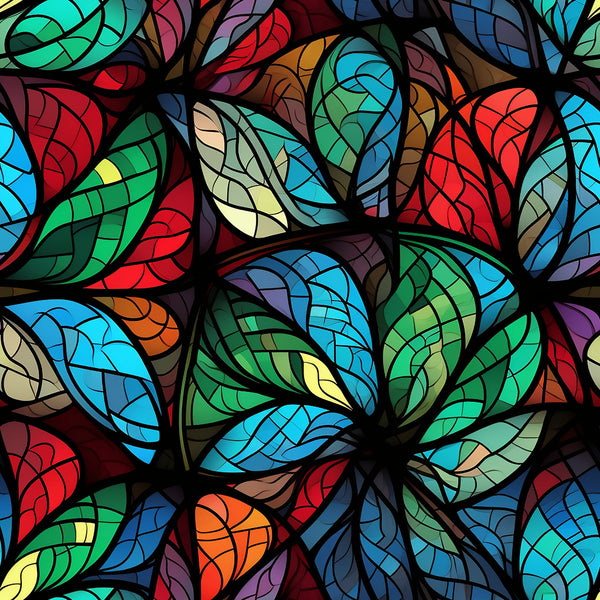 stained glass, christmas pattern,, fabric panel, multicolored leaves, red, green, blue, orange, purple, yellow, turquoise, botanical design, leaf motifs, mosaic style, vibrant colors, holiday fabric, decorative pattern, colorful foliage, artistic design