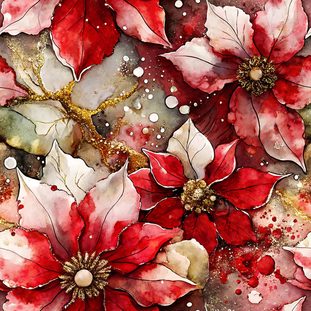 deep red, crimson red, burgundy, dusty rose, blush pink, cream, gold, white, floral, watercolor, abstract, elegant, luxurious, botanical, poinsettia, flower petals, gold accents, sparkle, glitter effect, nature, holiday, christmas, festive, romantic, sophisticated, artistic, painted, dimensional, rich colors, jewel tones