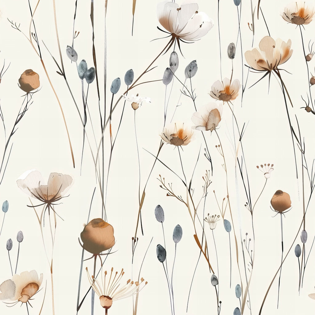 handdrawn meadow, wildflowers pattern,, fabric panel, botanical illustration, watercolor style, delicate flowers, nature motif, cream background, soft pastels, brown tones, blue gray accents, floral stems, seed pods, artistic rendering, organic design, feminine aesthetic, gentle composition, natural elements, subtle coloring