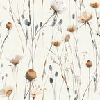 handdrawn meadow, wildflowers pattern,, fabric panel, botanical illustration, watercolor style, delicate flowers, nature motif, cream background, soft pastels, brown tones, blue gray accents, floral stems, seed pods, artistic rendering, organic design, feminine aesthetic, gentle composition, natural elements, subtle coloring