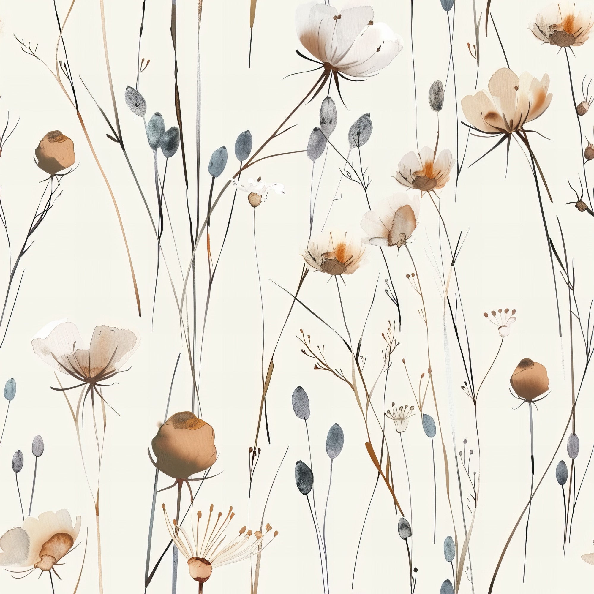 handdrawn meadow, wildflowers pattern,, fabric panel, botanical illustration, watercolor style, delicate flowers, nature motif, cream background, soft pastels, brown tones, blue gray accents, floral stems, seed pods, artistic rendering, organic design, feminine aesthetic, gentle composition, natural elements, subtle coloring