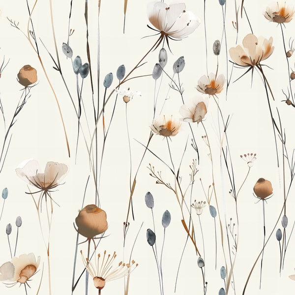 handdrawn meadow, wildflowers pattern,, fabric panel, botanical illustration, watercolor style, delicate flowers, nature motif, cream background, soft pastels, brown tones, blue gray accents, floral stems, seed pods, artistic rendering, organic design, feminine aesthetic, gentle composition, natural elements, subtle coloring
