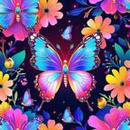 fantasy butterflies, vibrant colors, neon pink, electric blue, bright orange, purple wings, floral elements, tropical flowers, digital art style, iridescent wings, glowing effects, starry background,, fabric panel, whimsical design, colorful blooms, butterfly collection, luminous patterns, decorative wings, botanical motifs