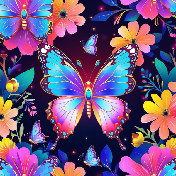 fantasy butterflies, vibrant colors, neon pink, electric blue, bright orange, purple wings, floral elements, tropical flowers, digital art style, iridescent wings, glowing effects, starry background,, fabric panel, whimsical design, colorful blooms, butterfly collection, luminous patterns, decorative wings, botanical motifs