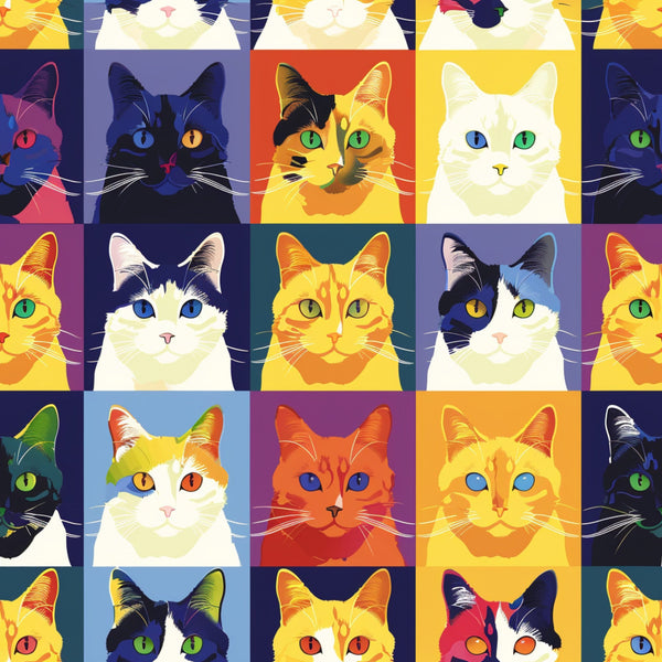 pop art cats, patchwork squares, vibrant colors, orange, yellow, blue, purple, red, green, multicolored felines, geometric blocks, modern art style,, fabric panel, bright palette, colorful cats, rectangular grid, contemporary design, crafting material, sewing fabric