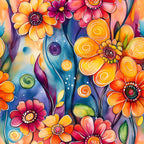 vibrant floral, abstract flowers, watercolor style, orange blooms, purple petals, pink flowers, blue background, swirling patterns, contemporary art,, fabric panel, artistic design, colorful botanical, modern floral, decorative circles, flowing stems, bright colors, whimsical flowers, cotton fabric
