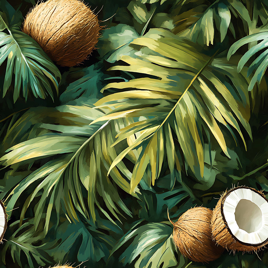 tropical leaves, coconut palm, jungle foliage, green leaves, brown coconut, white coconut flesh, botanical pattern, tropical paradise, palm fronds, exotic plants,, fabric panel, nature design, summer vibes, island theme, lush vegetation, realistic illustration, tropical motif, vibrant greens, natural elements