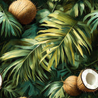 tropical leaves, coconut palm, jungle foliage, green leaves, brown coconut, white coconut flesh, botanical pattern, tropical paradise, palm fronds, exotic plants,, fabric panel, nature design, summer vibes, island theme, lush vegetation, realistic illustration, tropical motif, vibrant greens, natural elements