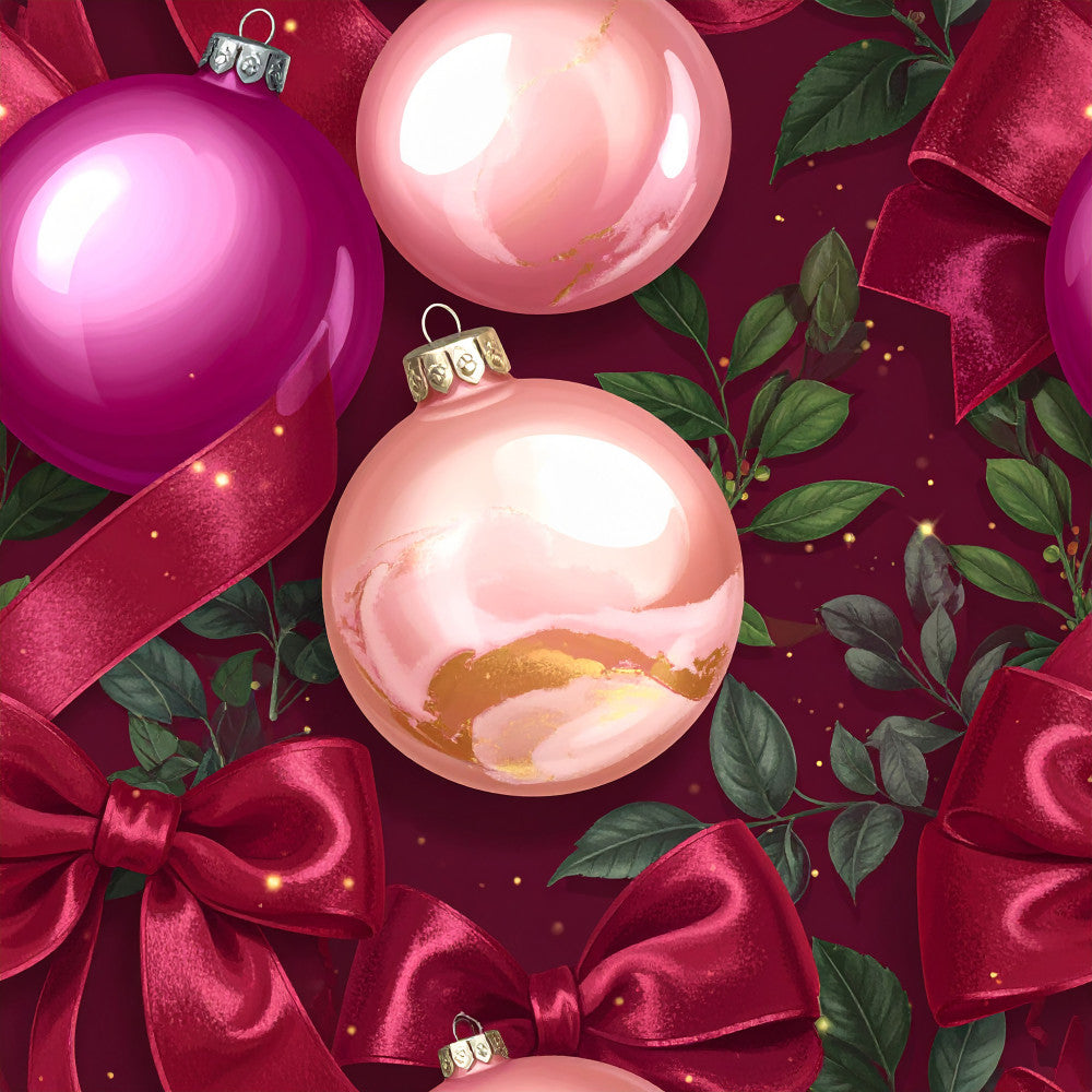 magenta, fuchsia, dusty rose, blush pink, burgundy, deep red, wine red, christmas, holiday, ornaments, baubles, festive, elegant, luxurious, metallic gold, velvet ribbons, bows, greenery, leaves, sparkle, shimmer, shiny, glamorous, sophisticated, traditional, seasonal, celebration, decorative, ornate