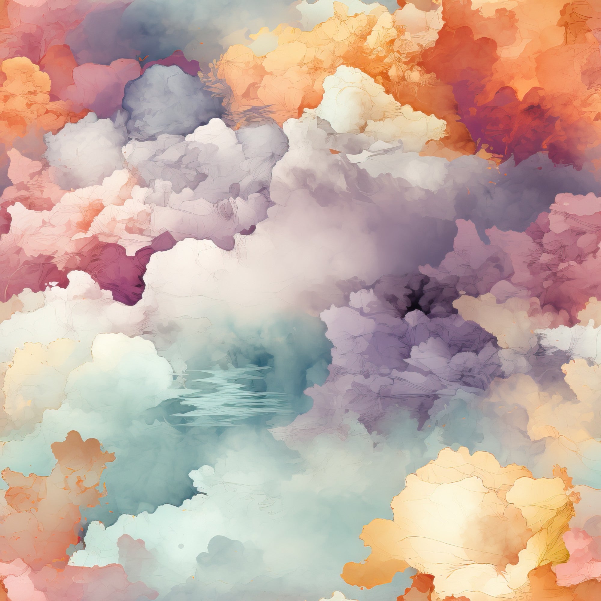 watercolor clouds, sunset sky, pastel colors, coral pink, lavender purple, peach orange, soft blue, cream white, dreamy atmosphere, ethereal design, sky scene, fluffy clouds, gradient colors, serene mood,, fabric panel, artistic style, heavenlyscape, soft pastels, cloud formation