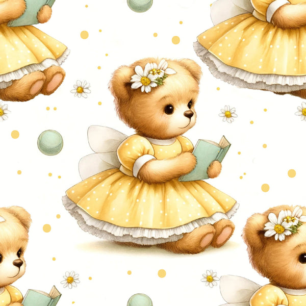 yellow, golden, sage green, white, cream, teddy bears, daisies, floral, polka dots, fairy wings, books, reading, whimsical, cute, children's fabric,, fabric panel, nursery theme, soft pastels, playful pattern, scattered design