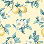 lemon yellow, cream background, sage green, white flowers, botanical pattern, citrus fruit, floral design, vintage style, shabby chic,, fabric panel, delicate blooms, nature motif, soft palette, romantic feel, cottage core, spring theme, repeating pattern, watercolor effect, pastoral design