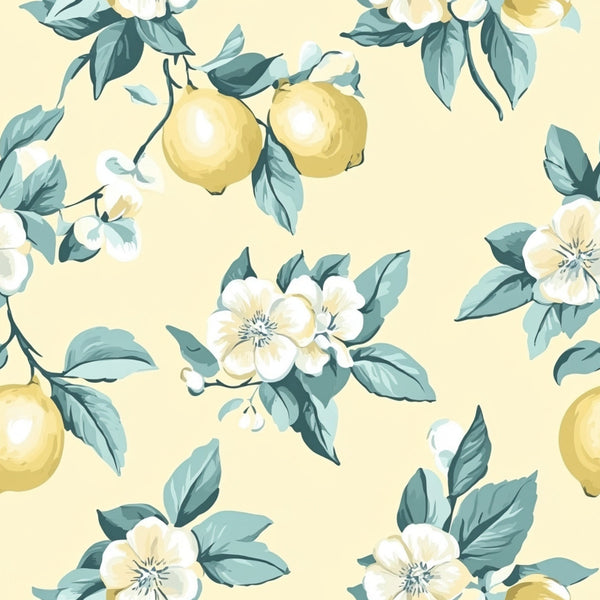 lemon yellow, cream background, sage green, white flowers, botanical pattern, citrus fruit, floral design, vintage style, shabby chic,, fabric panel, delicate blooms, nature motif, soft palette, romantic feel, cottage core, spring theme, repeating pattern, watercolor effect, pastoral design