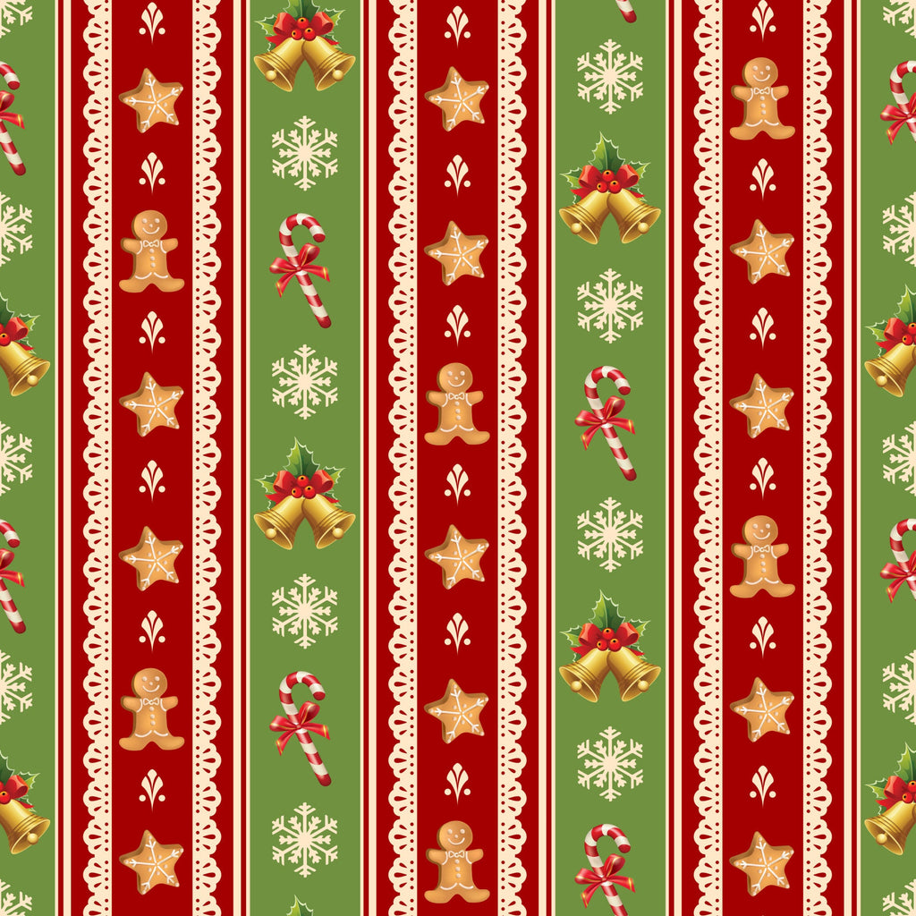 christmas fabric,, fabric panel, red stripes, green stripes, cream lace borders, gingerbread men, candy canes, snowflakes, christmas bells, star cookies, holly berries, festive pattern, holiday motifs, vertical stripes, christmas treats, winter symbols, seasonal fabric, decorative lace trim, holiday baking theme