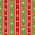 christmas fabric,, fabric panel, red stripes, green stripes, cream lace borders, gingerbread men, candy canes, snowflakes, christmas bells, star cookies, holly berries, festive pattern, holiday motifs, vertical stripes, christmas treats, winter symbols, seasonal fabric, decorative lace trim, holiday baking theme