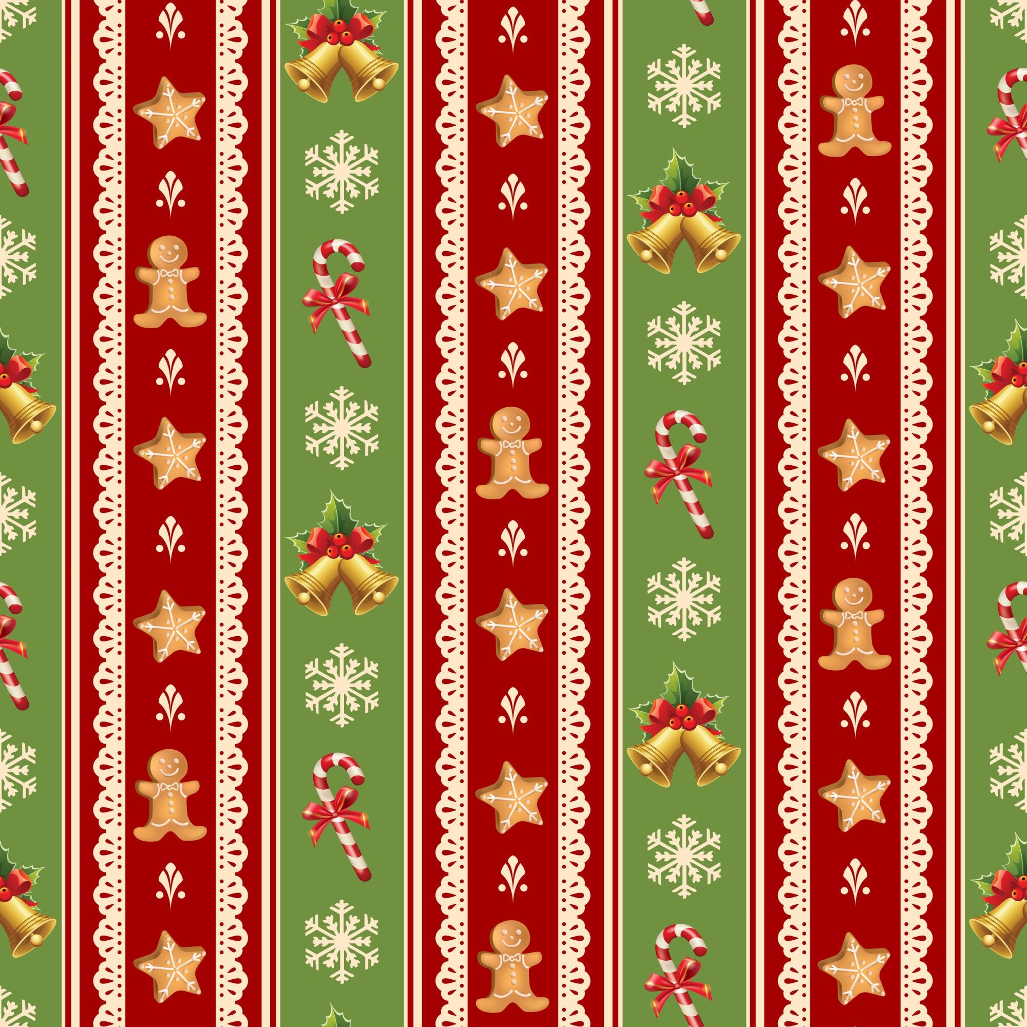 christmas fabric,, fabric panel, red stripes, green stripes, cream lace borders, gingerbread men, candy canes, snowflakes, christmas bells, star cookies, holly berries, festive pattern, holiday motifs, vertical stripes, christmas treats, winter symbols, seasonal fabric, decorative lace trim, holiday baking theme