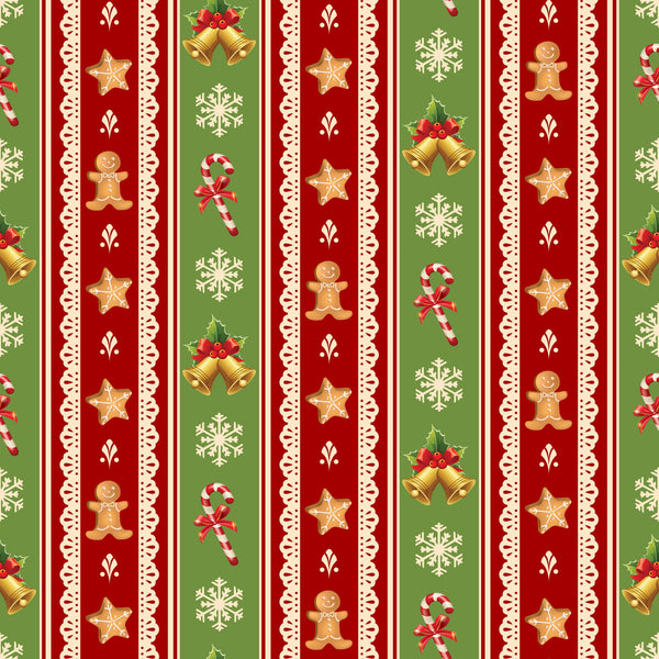 christmas fabric,, fabric panel, red stripes, green stripes, cream lace borders, gingerbread men, candy canes, snowflakes, christmas bells, star cookies, holly berries, festive pattern, holiday motifs, vertical stripes, christmas treats, winter symbols, seasonal fabric, decorative lace trim, holiday baking theme