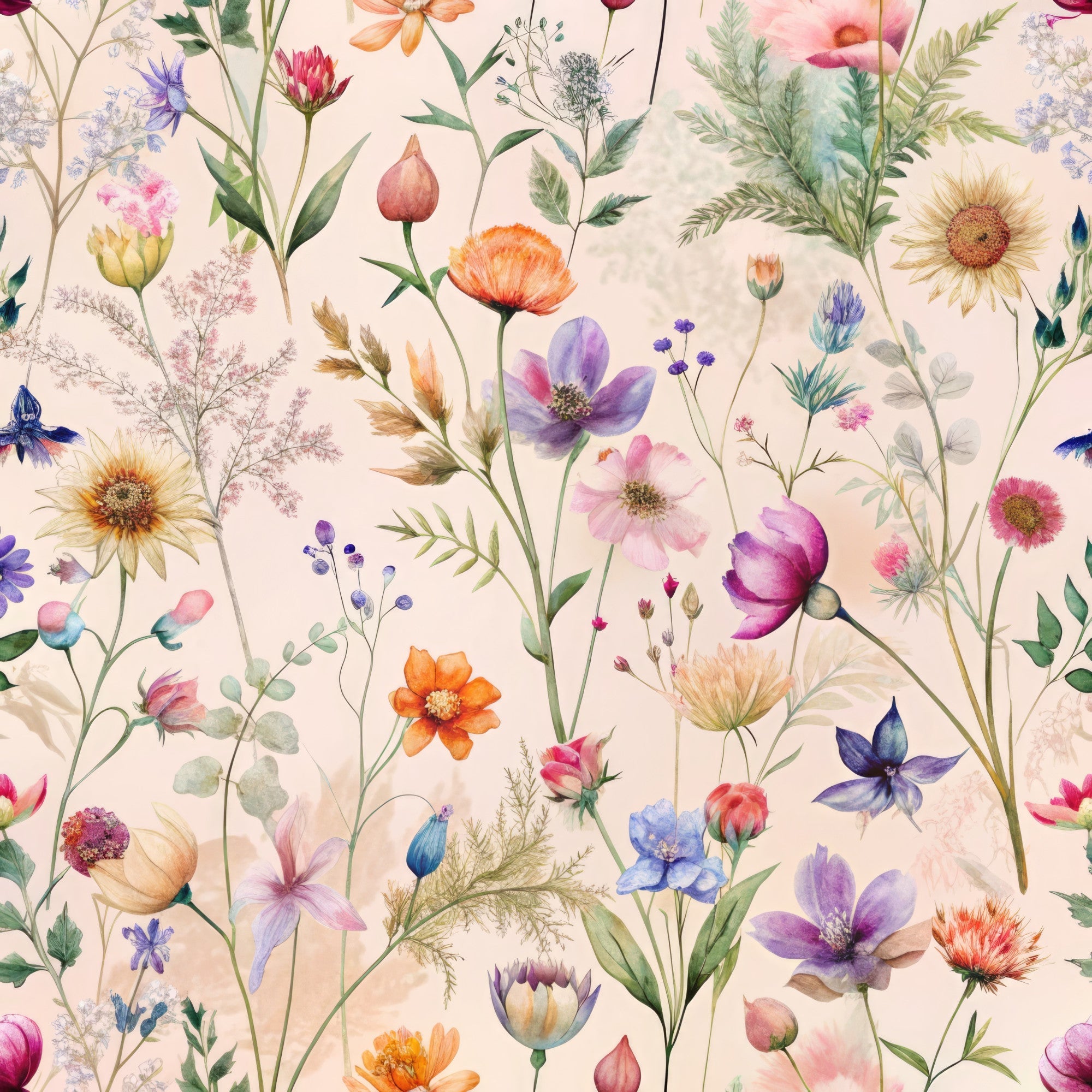 watercolor wildflowers, botanical pattern, pink background, purple flowers, orange blooms, blue petals, delicate stems, meadow flowers, cottage core, whimsical florals,, fabric panel, spring garden, pastel palette, hand painted style, nature inspired, floral repeat, soft romantic, wildflower field