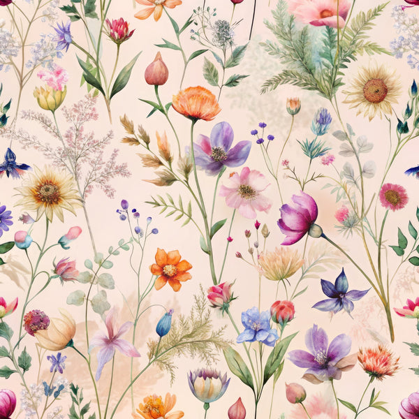 watercolor wildflowers, botanical pattern, pink background, purple flowers, orange blooms, blue petals, delicate stems, meadow flowers, cottage core, whimsical florals,, fabric panel, spring garden, pastel palette, hand painted style, nature inspired, floral repeat, soft romantic, wildflower field