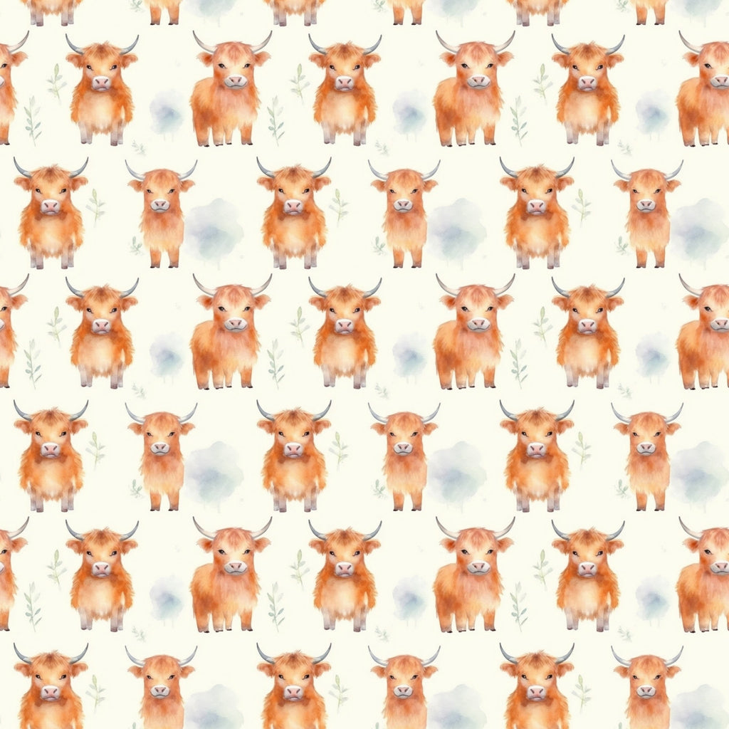 orange, brown, cream, beige, highland cattle, cows, horns, watercolor style, repeating pattern, farm animals, cute animals,, fabric panel, pastoral, rustic, country, soft colors, whimsical, bovine, scottish highland