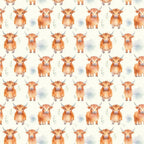 orange, brown, cream, beige, highland cattle, cows, horns, watercolor style, repeating pattern, farm animals, cute animals,, fabric panel, pastoral, rustic, country, soft colors, whimsical, bovine, scottish highland