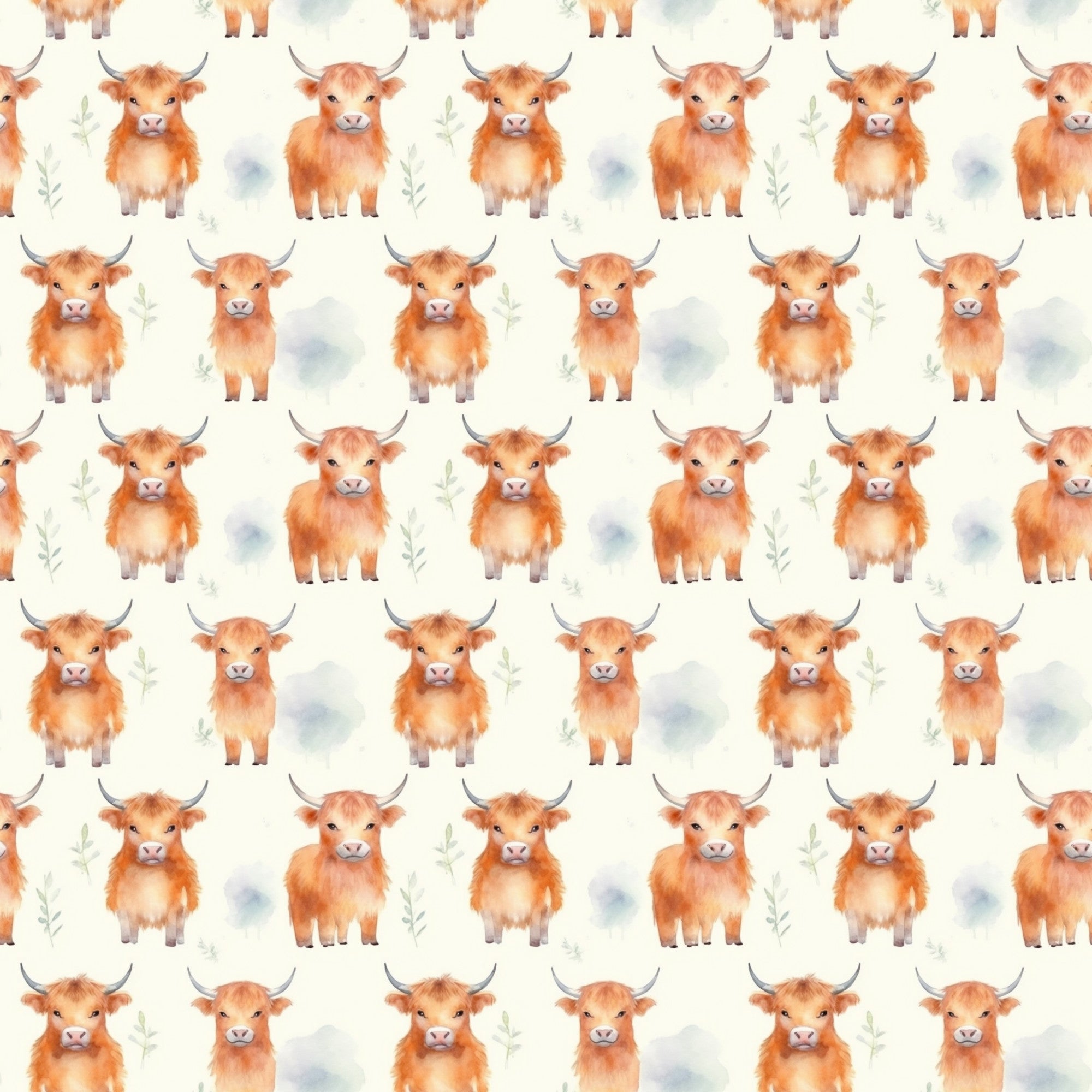 orange, brown, cream, beige, highland cattle, cows, horns, watercolor style, repeating pattern, farm animals, cute animals,, fabric panel, pastoral, rustic, country, soft colors, whimsical, bovine, scottish highland