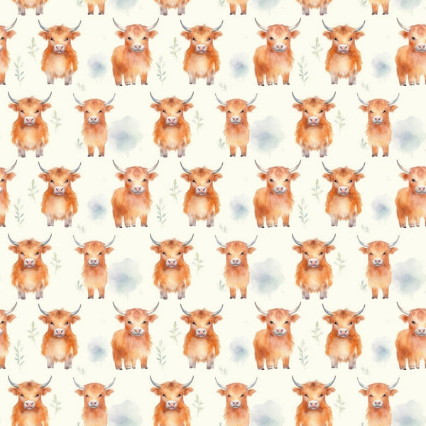 orange, brown, cream, beige, highland cattle, cows, horns, watercolor style, repeating pattern, farm animals, cute animals,, fabric panel, pastoral, rustic, country, soft colors, whimsical, bovine, scottish highland