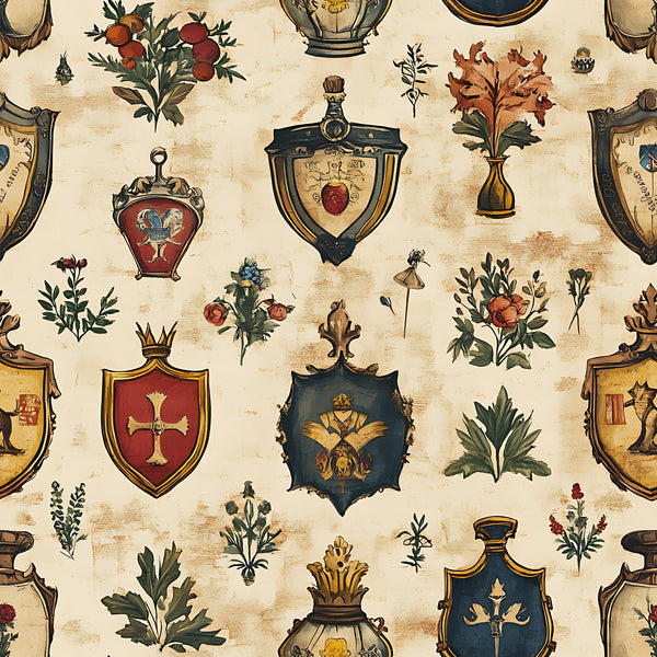 rustic german banners, medieval shields, heraldic crests, coat of arms, botanical florals, vintage roses, ornamental vases, cream background, burgundy red, navy blue, golden yellow, olive green, weathered texture,, fabric panel, european motifs, antiqued finish, decorative emblems, floral sprigs, medieval style