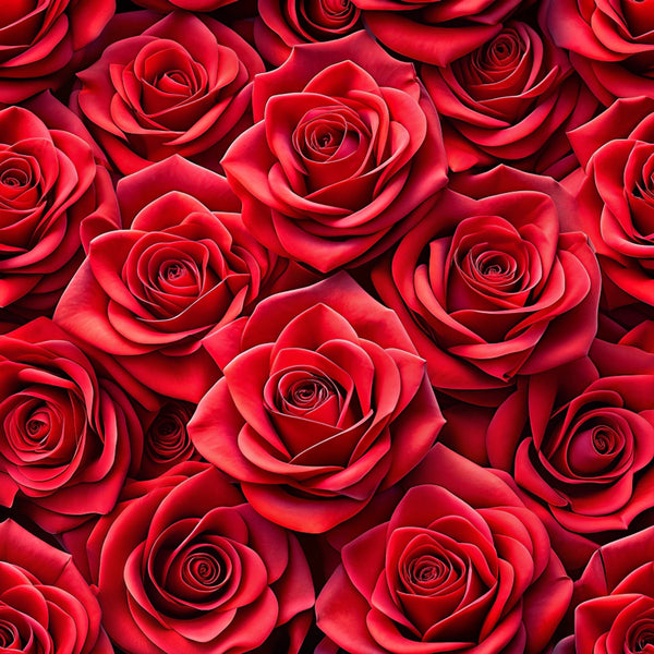 red roses, crimson, deep red, burgundy, realistic flowers, rose pattern, floral design, botanical print,, fabric panel, romantic, elegant, seamless pattern, blooming roses, layered petals, rich colors, valentine's theme, love motif, densely packed, photorealistic